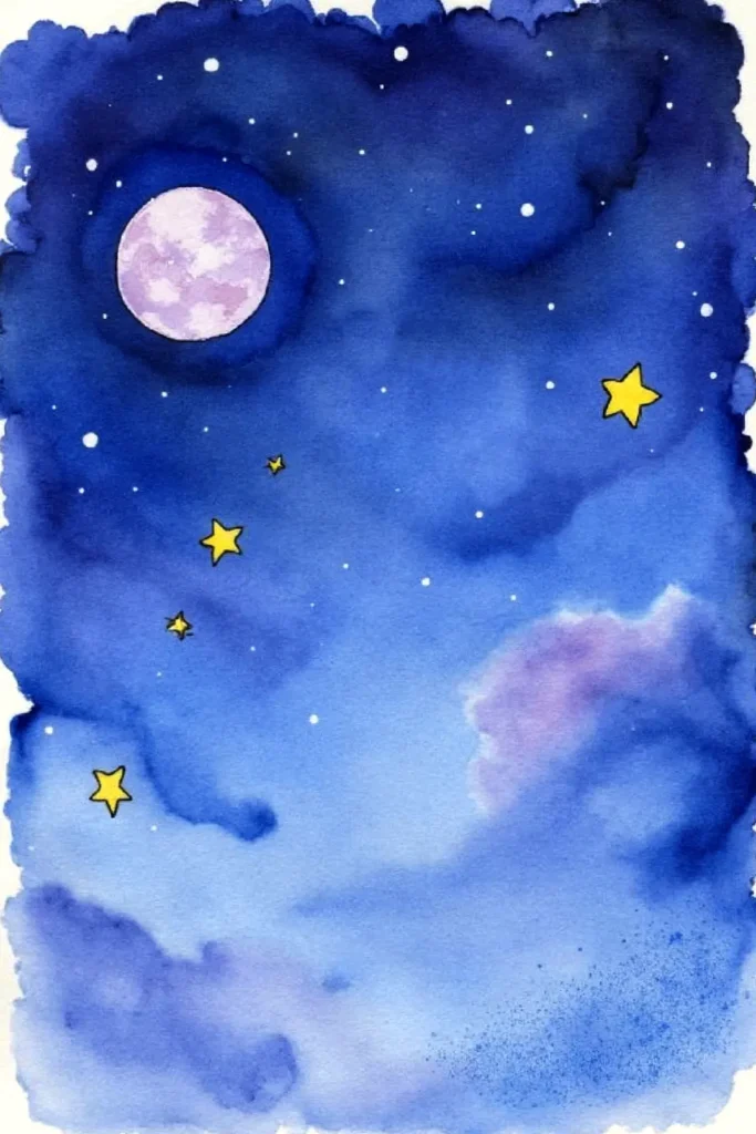Watercolor sky with a full moon and stars in a deep blue night sky, evoking a serene and mystical atmosphere.