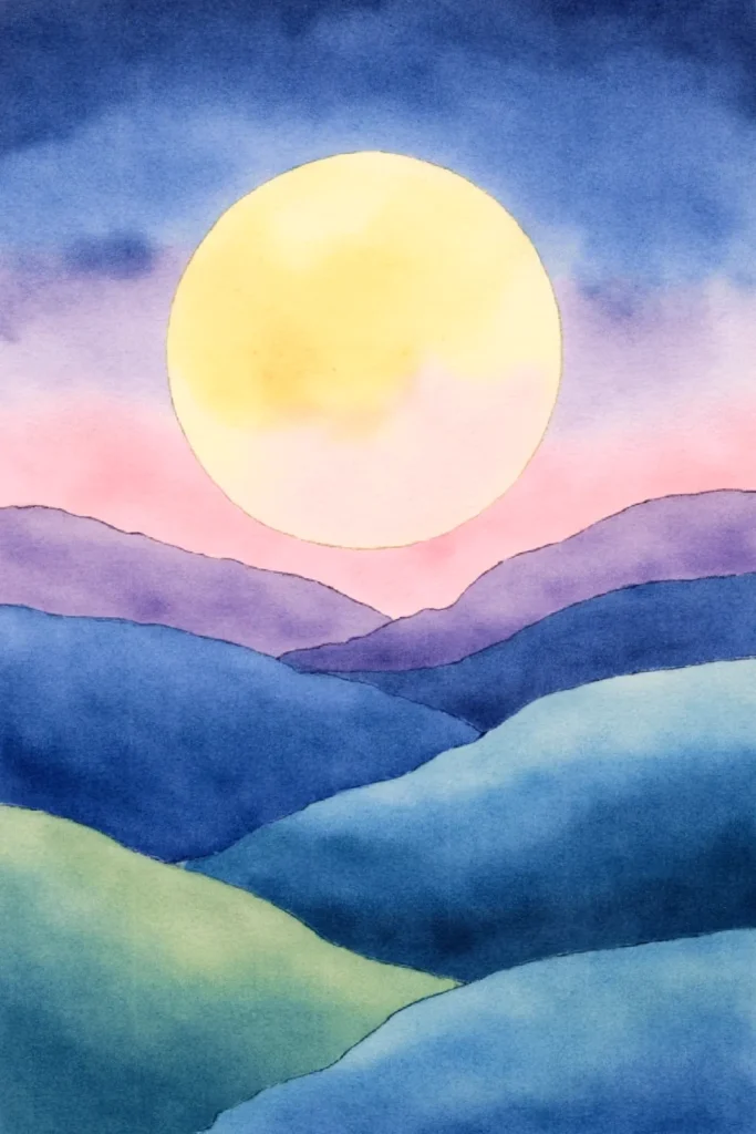 Watercolor landscape with vibrant hills and a large sun against a pastel sky.