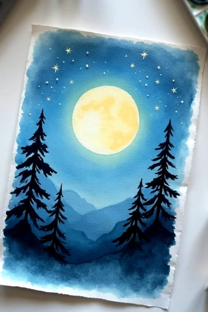 Watercolor painting of a moonlit night with stars, silhouetted pine trees, and mountains.