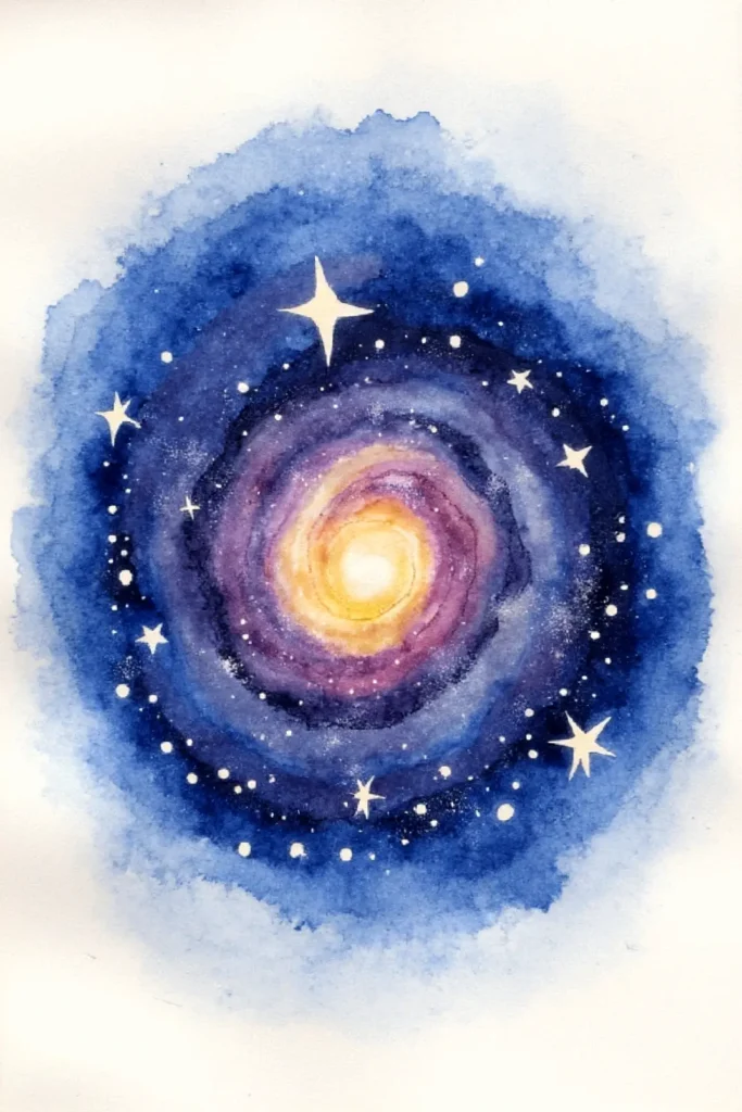 Watercolor painting of a vibrant galaxy with swirling stars and a bright center in shades of blue and purple.