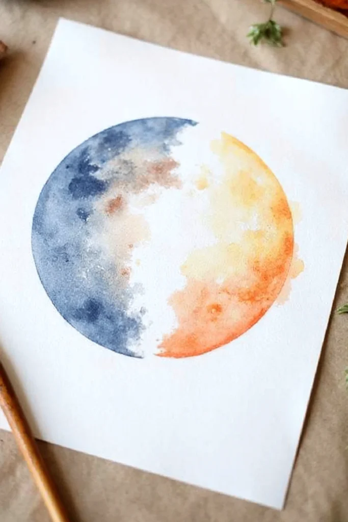 Watercolor painting of a moon with blue and orange halves on paper, blending sunrise and night sky.