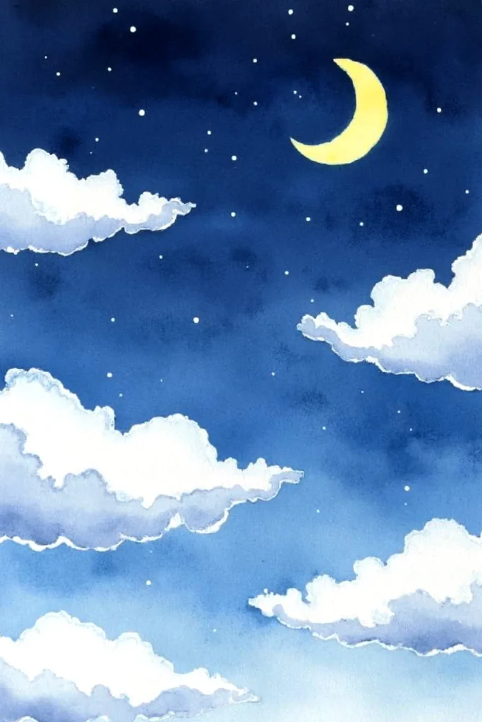 Starry night sky with a crescent moon and fluffy clouds, creating a serene, calming atmosphere.