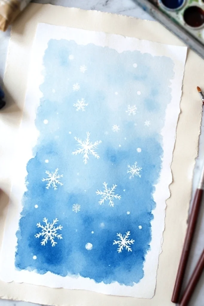 Watercolor painting of blue sky with white snowflakes, beside paintbrushes on a table.