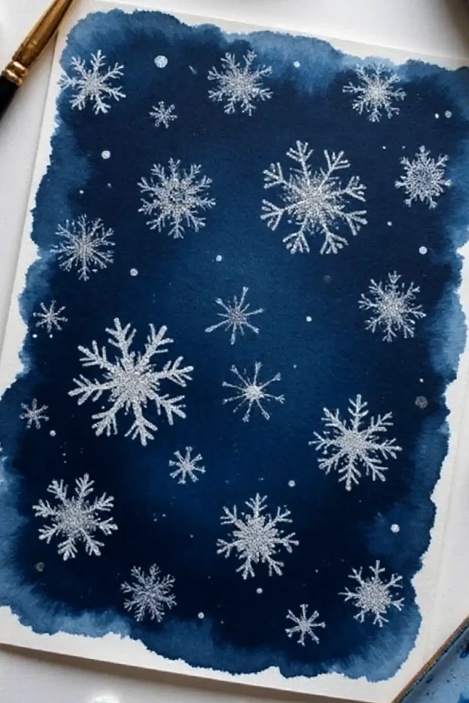 Watercolor painting of sparkling white snowflakes on a deep blue background, perfect for winter art inspiration.