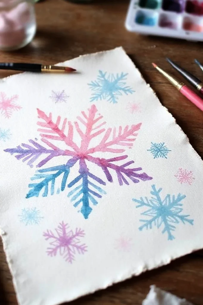 Watercolor snowflake art on paper with paintbrushes and a palette nearby.