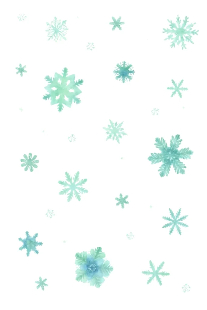Watercolor teal snowflakes scattered on white background, creating a winter-themed artistic pattern.