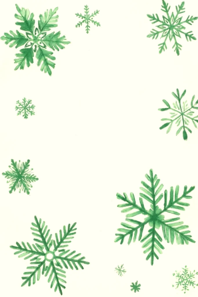 Green watercolor snowflakes on a light background, creating a festive winter-themed design.