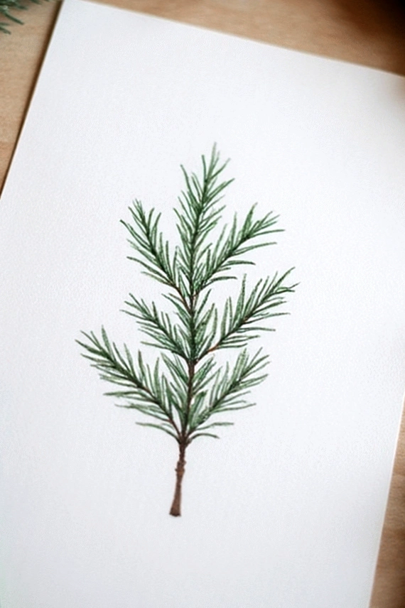 Illustration of a green pine branch on a white background, showcasing detailed needle leaves and brown stem.
