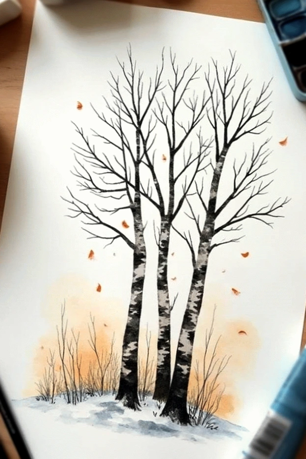 Watercolor painting of birch trees in winter with falling leaves and a soft orange sky.