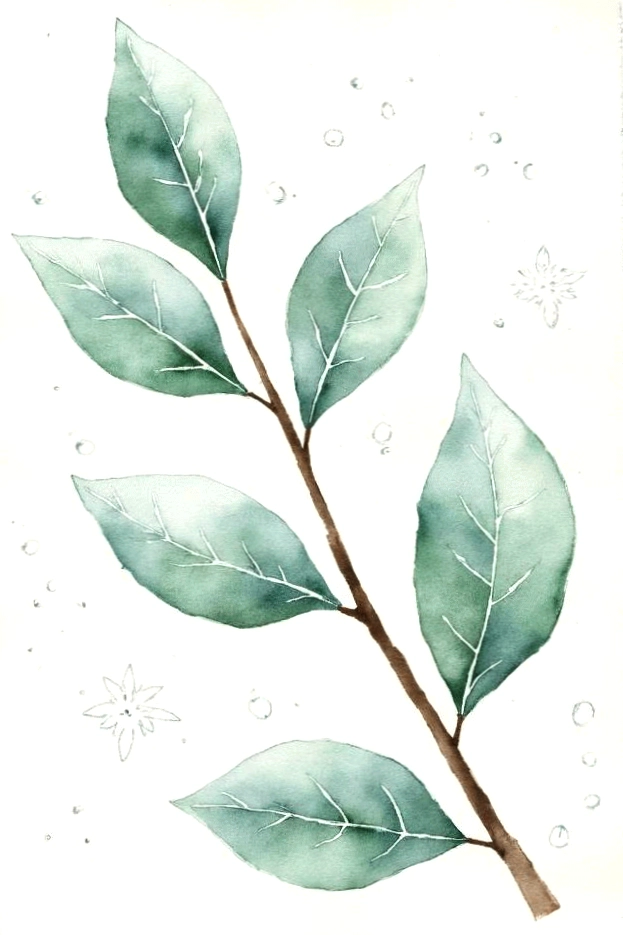 Watercolor illustration of a green leafy branch with delicate details and light background.