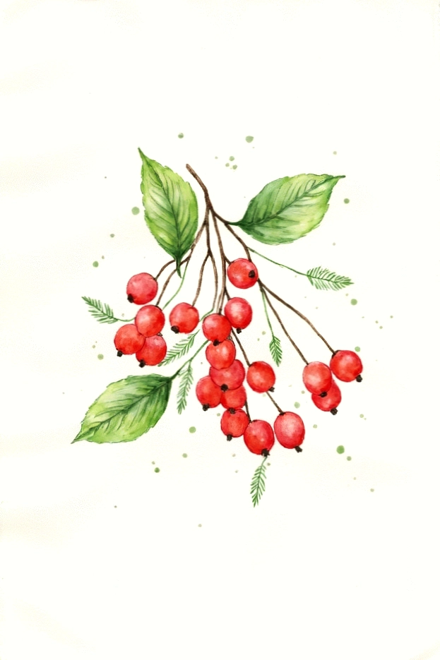 Watercolor illustration of a branch with red berries and green leaves on a white background.