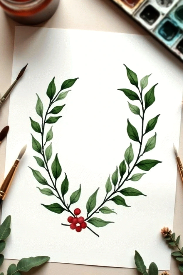 Watercolor art of green leaves forming a wreath with red berries on paper, surrounded by brushes and palette.
