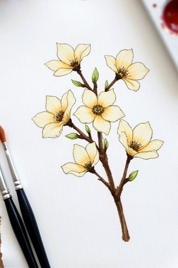 Illustration of delicate yellow flowers on a branch with paintbrushes for artistic inspiration.