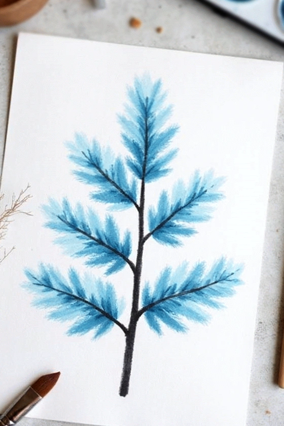 Watercolor illustration of a blue pine tree on paper, surrounded by art supplies, conveying creative artistry.