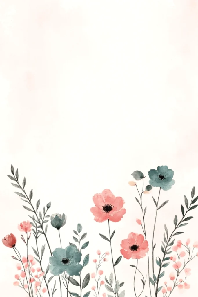 Watercolor floral illustration with pink and blue flowers and leafy stems on a white background for elegant design.