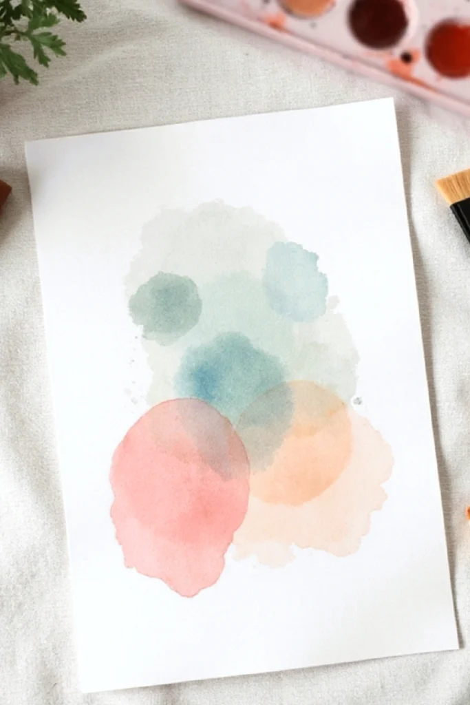 Abstract watercolor painting with circles in pink, blue, and orange on a white sheet, surrounded by art supplies.