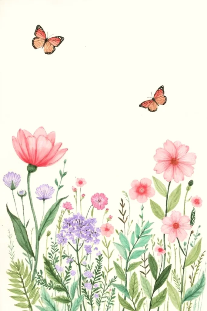Watercolor flowers and butterflies, showcasing vibrant pinks and purples on a light background.