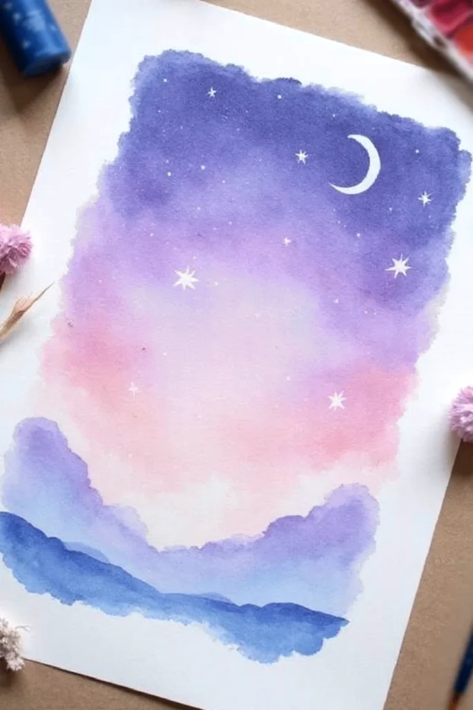 Watercolor painting of a dreamy night sky with stars and crescent moon over soft clouds in pastel shades.