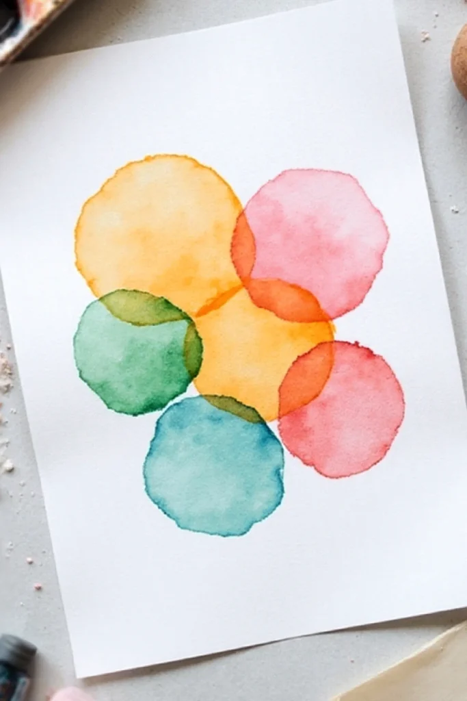 Colorful watercolor circles overlapped on paper, creating an abstract art piece with red, yellow, green, and blue hues.