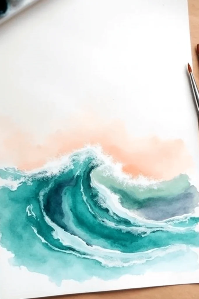 Watercolor painting of ocean wave with blue and peach tones on a canvas, accompanied by a paintbrush.
