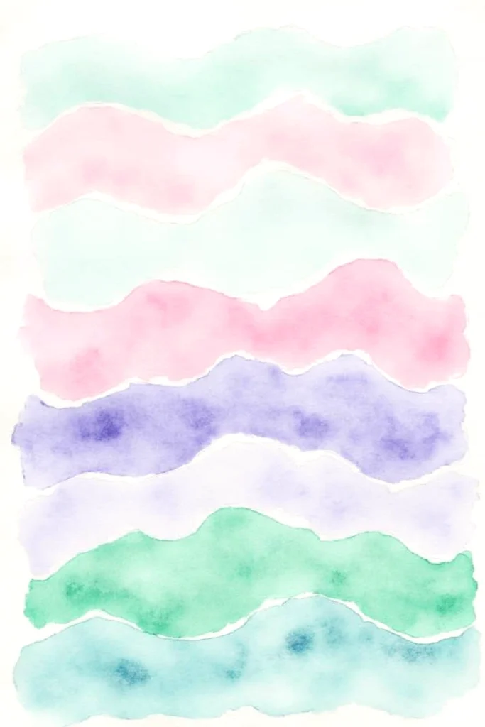 Abstract watercolor pastel waves in pink, blue, green layers, creating a calming, artistic background.