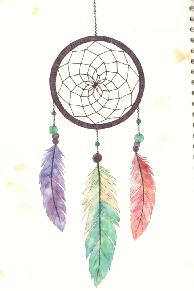 Artistic dreamcatcher with colorful feathers and beads, watercolor illustration on white background.