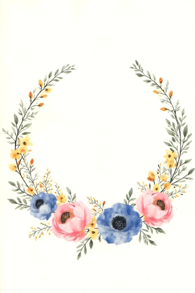 Watercolor floral wreath with pink and blue flowers, green leaves, and yellow accents on a white background.