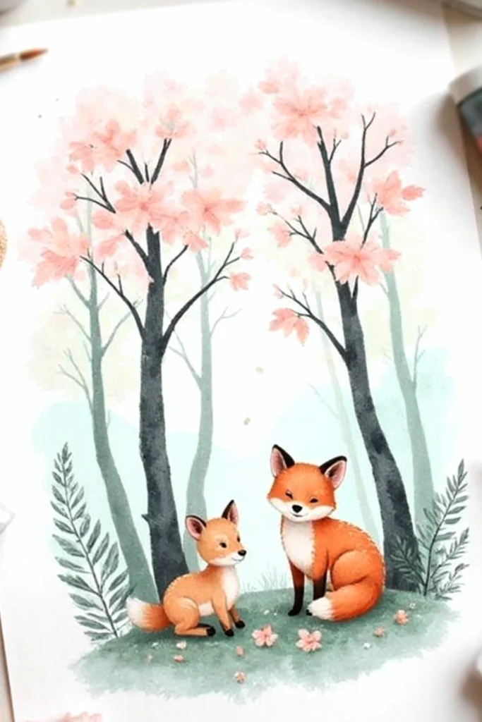 Illustration of two foxes under cherry blossom trees, surrounded by greenery and pink flowers.