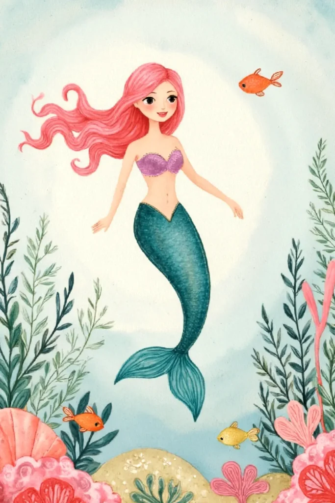 Illustrated mermaid with pink hair swims among coral and fish in an enchanting underwater scene.
