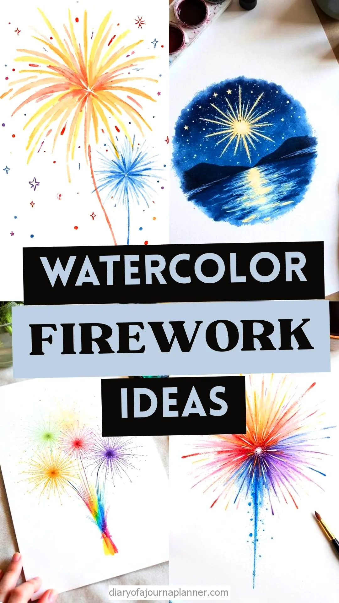 Watercolor fireworks ideas displayed in vibrant artworks for painting inspiration and creativity.