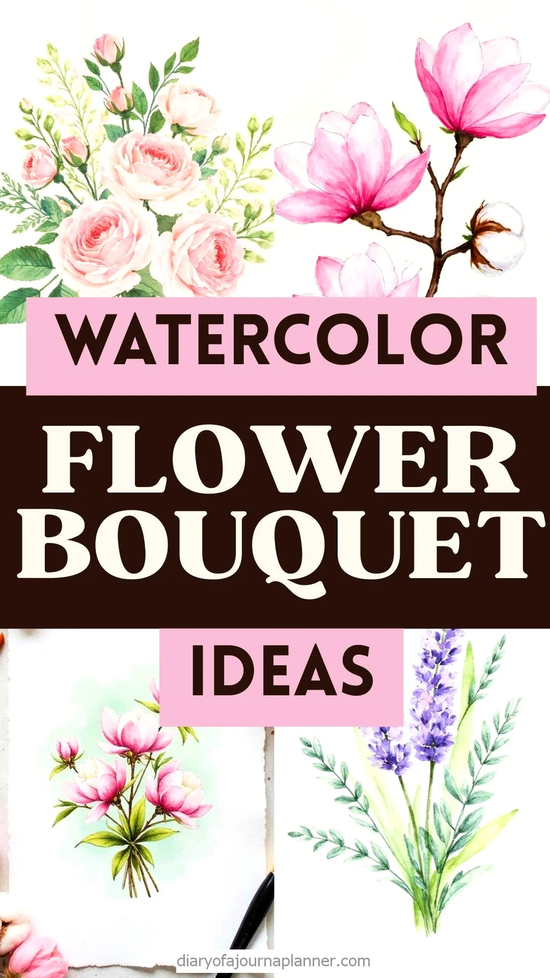 Watercolor flower bouquet ideas with pink roses, magnolias, and lavender illustrations. Creative floral art inspiration.