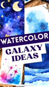 Watercolor galaxy painting ideas with stars and moons, featuring vibrant blues and purples for creative inspiration.