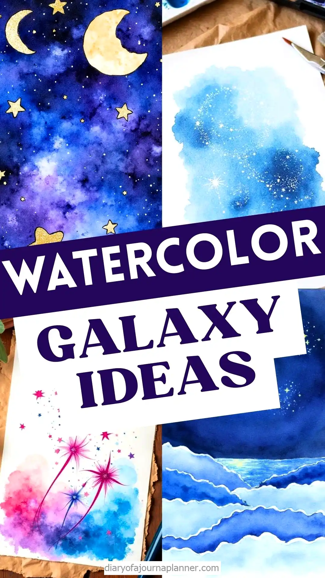 Watercolor galaxy painting ideas with stars and moons, featuring vibrant blues and purples for creative inspiration.