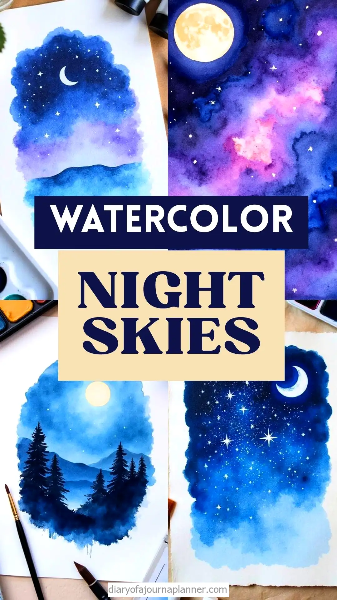 Watercolor paintings of night skies with stars and moons, featuring blue and purple hues.