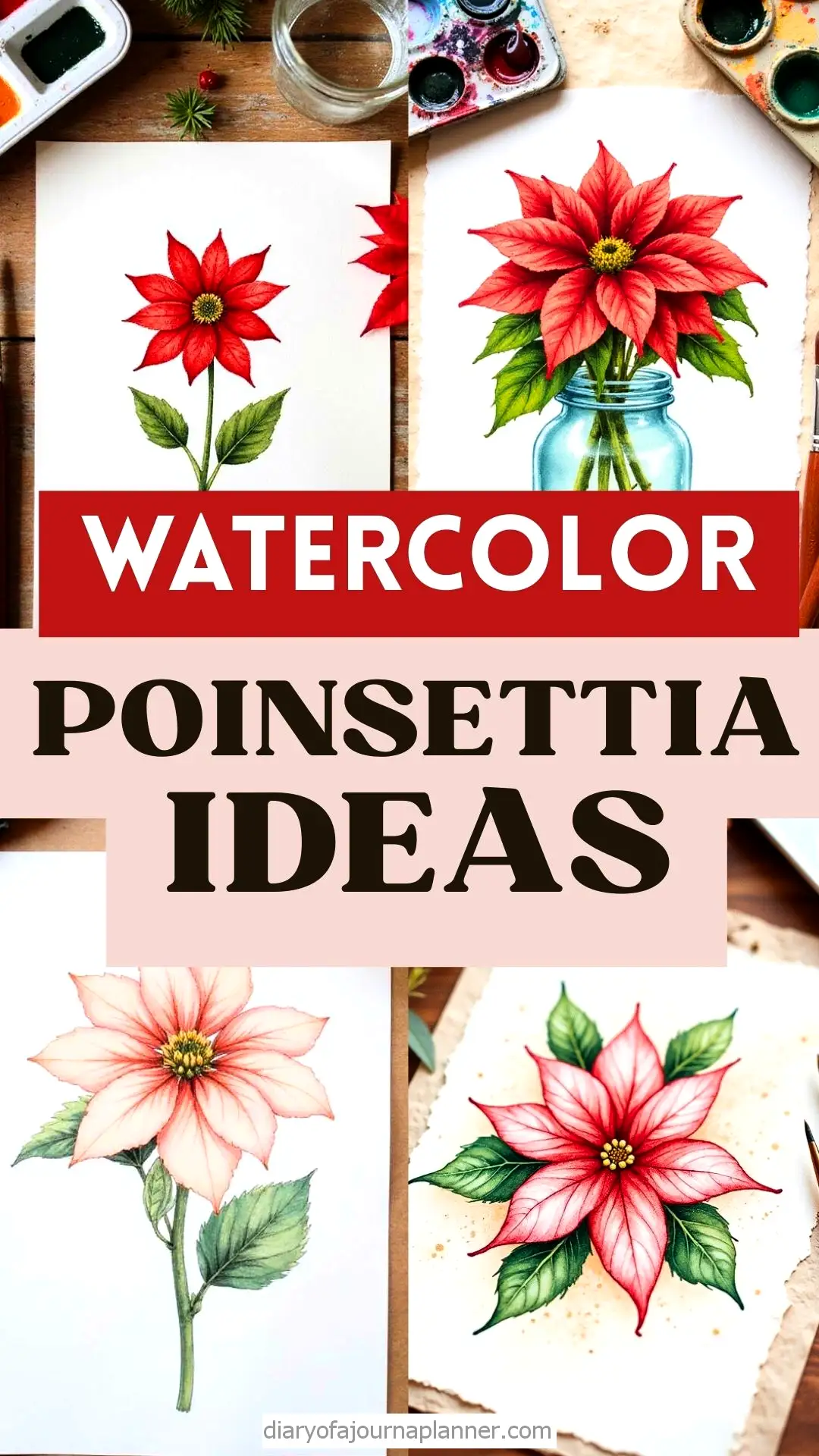 Watercolor poinsettia painting ideas on paper, featuring vibrant floral illustrations and art supplies.