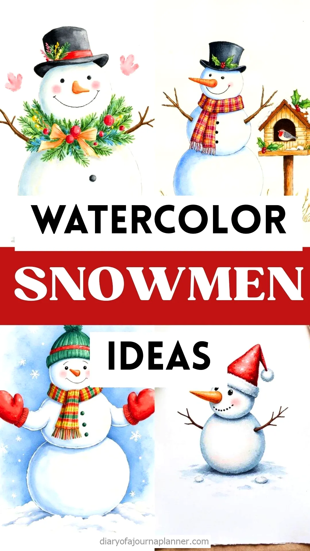 Watercolor snowmen art ideas with hats and scarves, creative winter decoration inspiration.