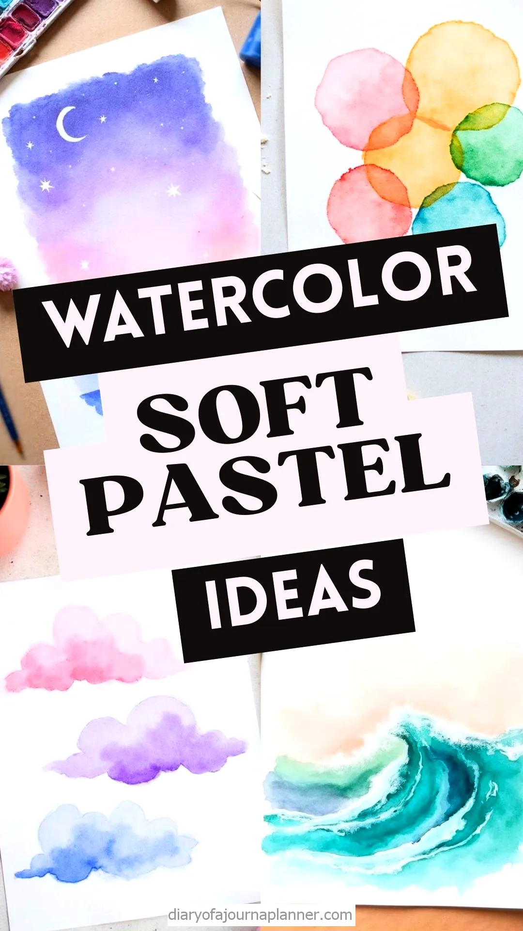 Watercolor soft pastel ideas: crescent moon, circles, clouds, and wave paintings for creative inspiration.