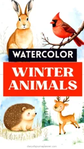 Watercolor winter animals illustration: rabbit, cardinal bird, hedgehog, and deer in snowy landscape.