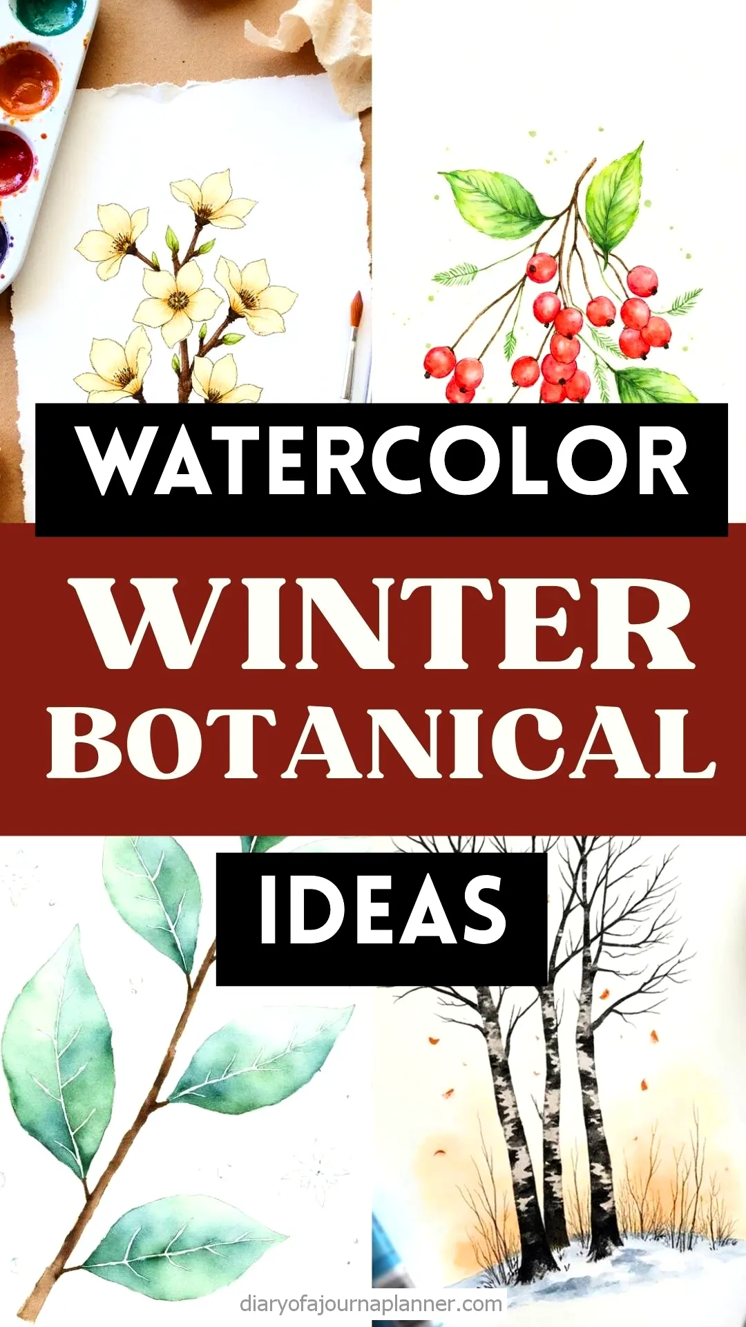 Watercolor winter botanical ideas with painted flowers, leaves, and trees for creative inspiration.