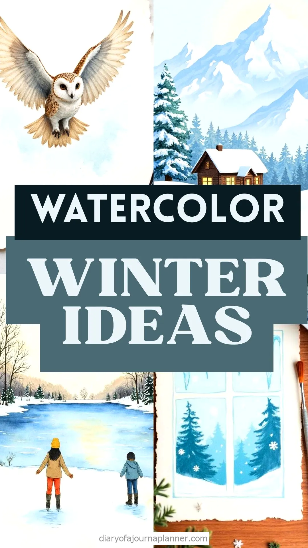 Watercolor winter ideas: flying owl, snowy cabin, kids on frozen lake, snowy forest painting. Cozy art inspiration.