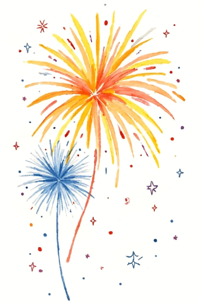 Colorful watercolor fireworks bursting in vibrant yellow and blue against a white background. Celebratory art.