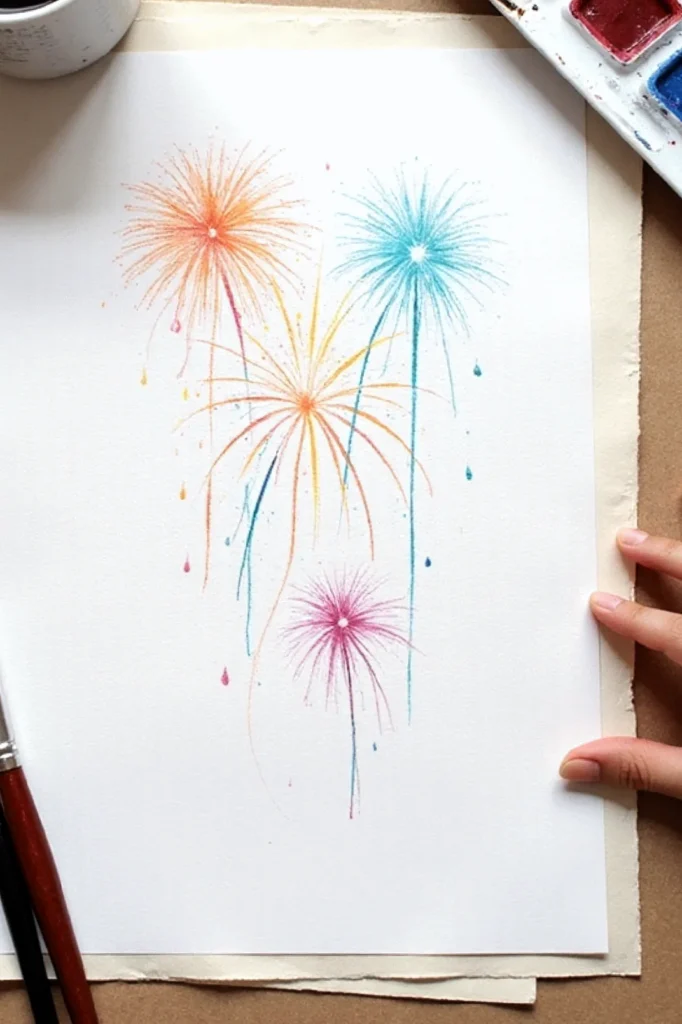 Colorful watercolor firework artwork on white paper, surrounded by art supplies and a hand. Creative, artistic expression.
