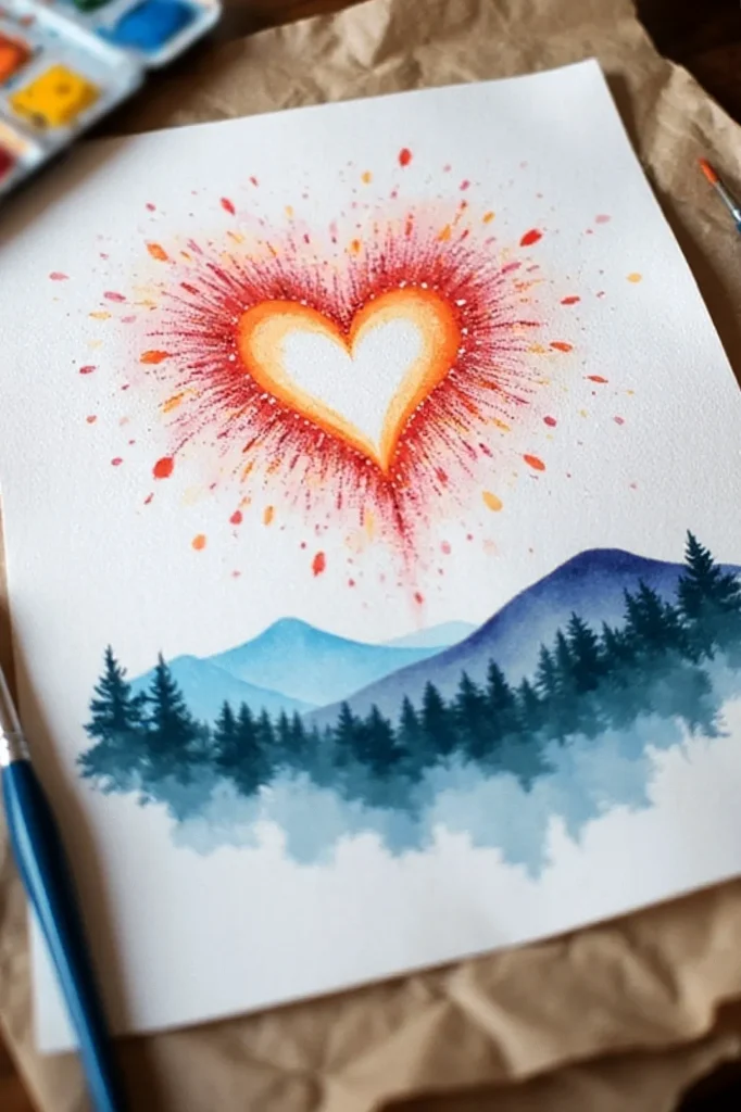 Watercolor art: vibrant heart explosion above serene blue mountains and forest, surrounded by painting tools.