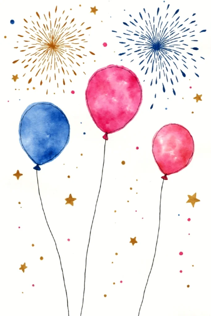 Colorful watercolor balloons and fireworks with stars, celebration theme illustration with pink and blue hues.