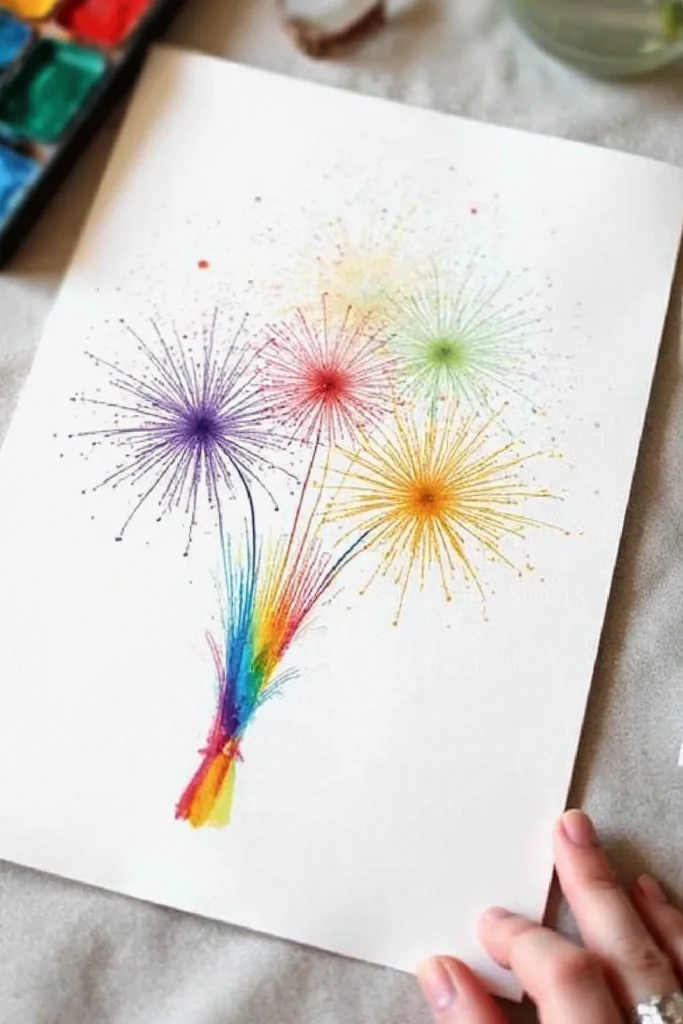 Colorful splatter art of rainbow fireworks on paper, blending vivid hues in an abstract explosion of creativity.