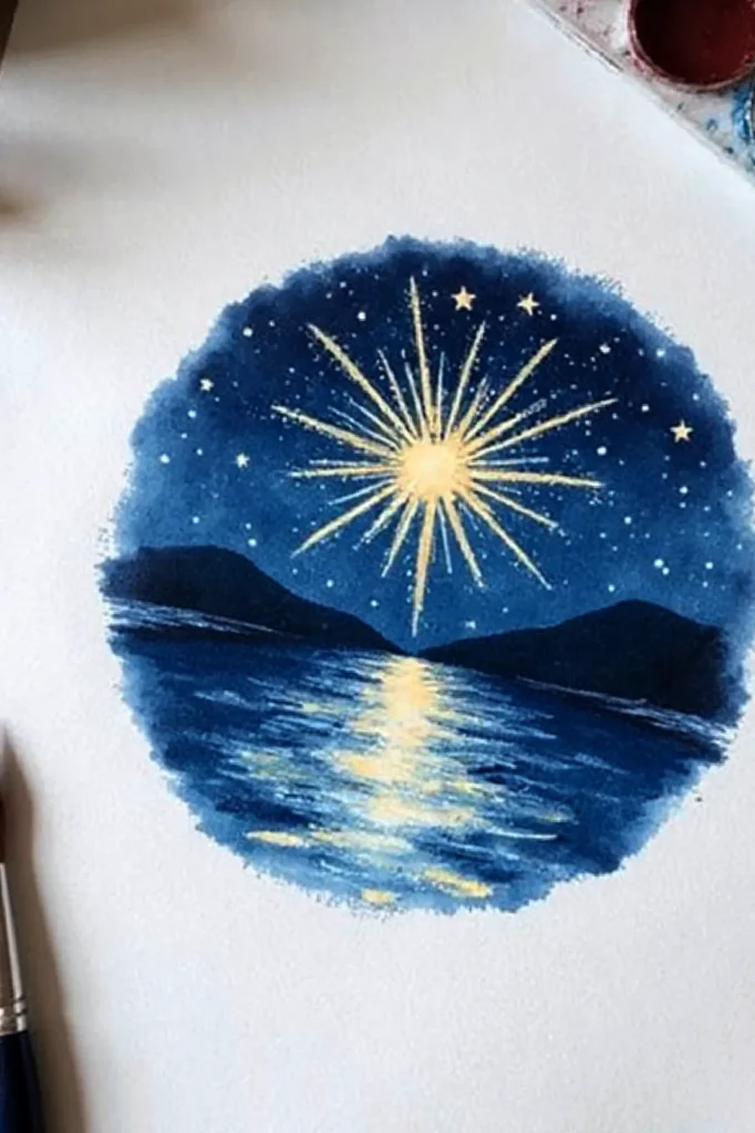 Watercolor night scene with large star reflected in the sea, surrounded by hills, painted on paper.