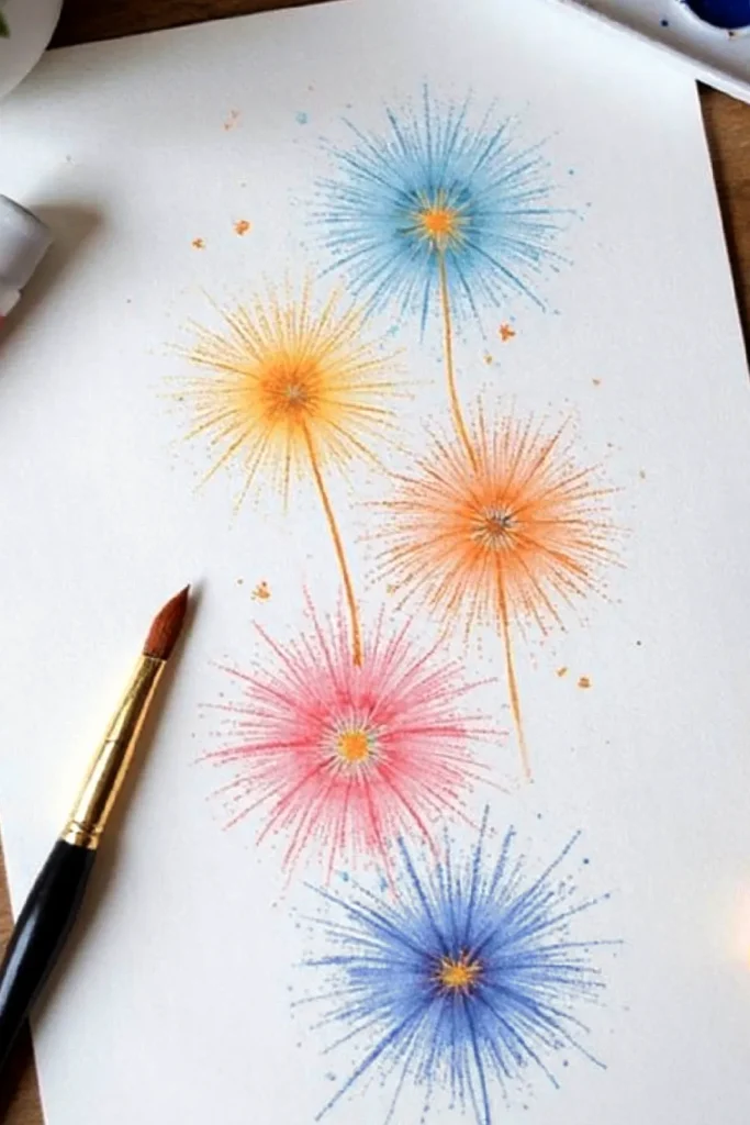 Watercolor fireworks painting with colorful bursts: blue, orange, red. Brush included, artistic display on paper.