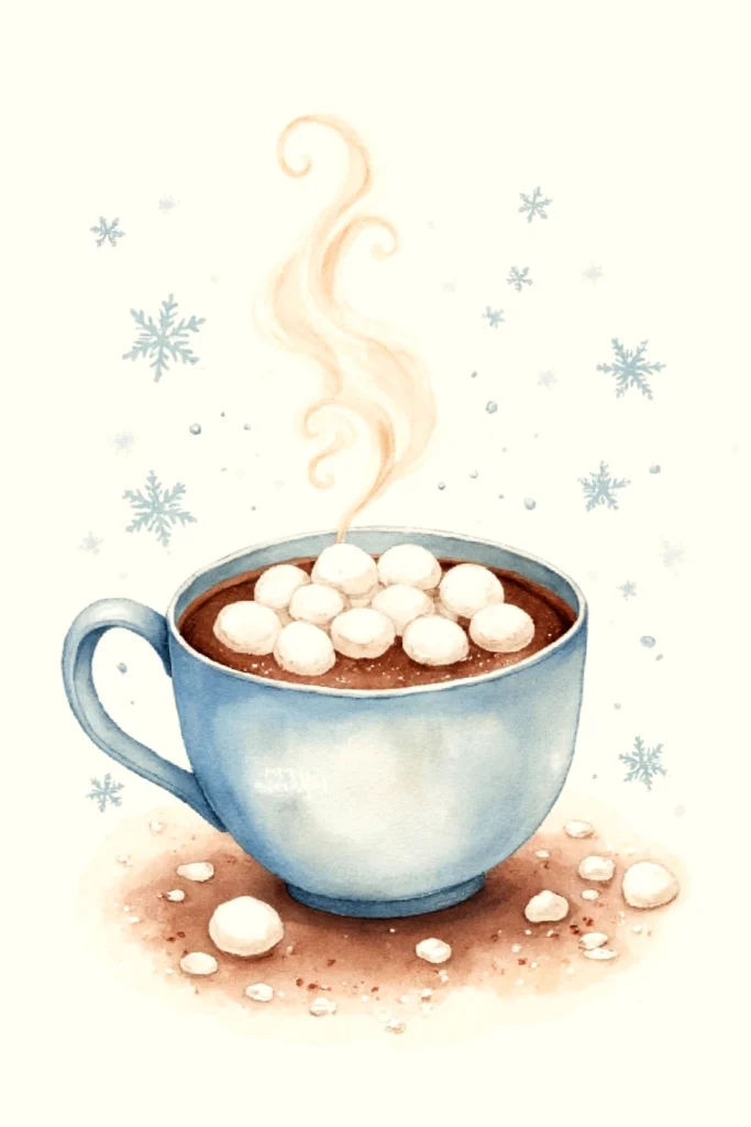 Watercolor illustration of a steaming blue cup of hot chocolate with marshmallows and snowflakes in the background.