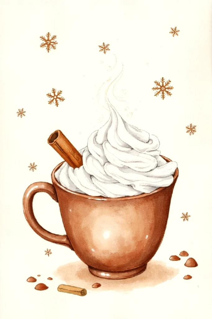Illustrated hot chocolate in a brown mug topped with whipped cream, cinnamon stick, surrounded by snowflakes. Cozy and festive.