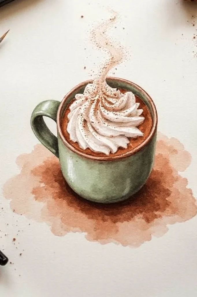 Illustrated mug of hot cocoa topped with whipped cream and steam, creating a cozy and inviting coffee shop feel.